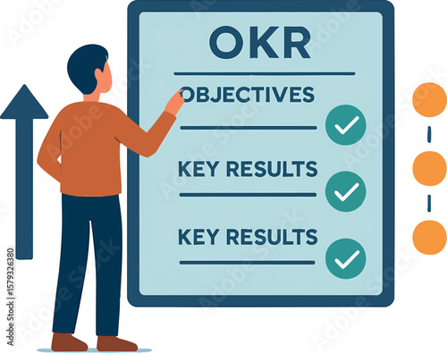 Flat vector person setting OKRs (Objectives and Key Results) on digital board, goal alignment, isolated on white