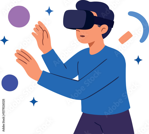 Flat vector person wearing VR headset and exploring virtual world, metaverse trend, isolated on white