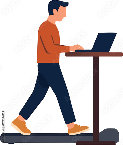 Flat vector person using standing desk and walking pad, productivity lifestyle trend, isolated on white