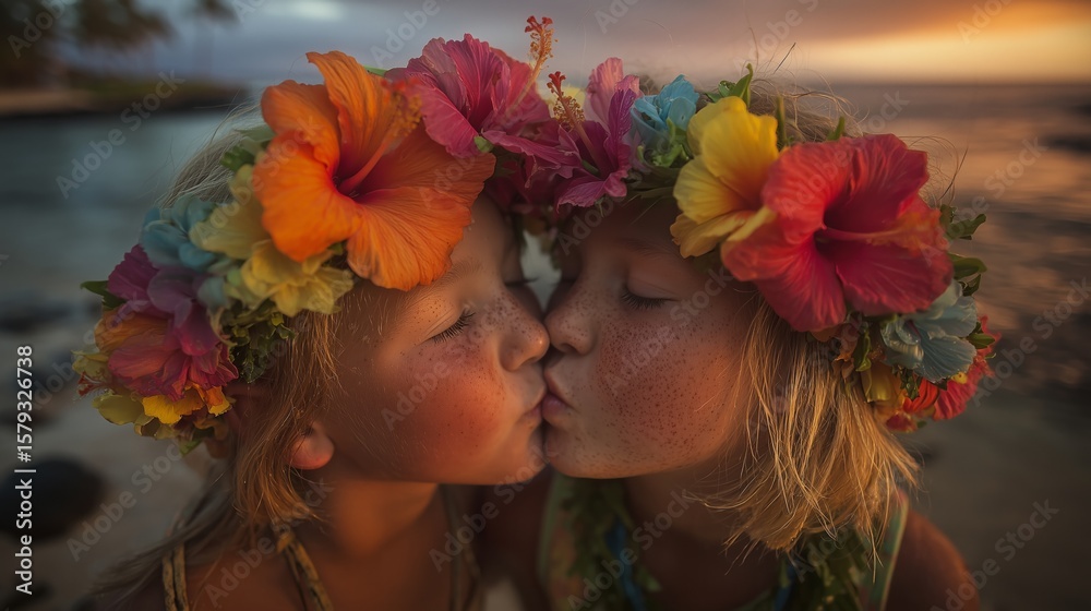 Naklejka premium Homosexual children with floral crowns sharing a tender kiss on a tropical beach