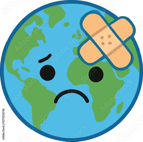 Flat vector planet Earth with bandage on it and sad face, environment in distress metaphor, isolated on white