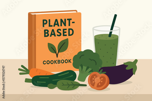 Flat vector plant-based cookbook on kitchen counter with veggies and smoothie, clean eating lifestyle, isolated on white