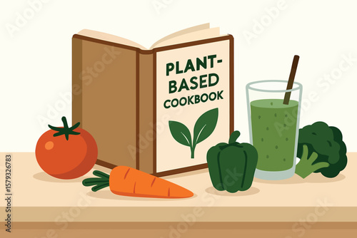 Flat vector plant-based cookbook on kitchen counter with veggies and smoothie, clean eating lifestyle, isolated on white