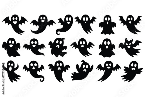 Black Halloween ghosts with bat wings spooky scary
