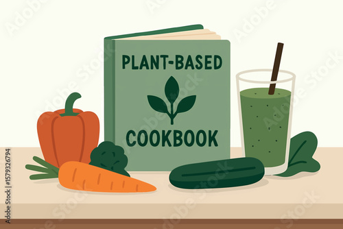 Flat vector plant-based cookbook on kitchen counter with veggies and smoothie, clean eating lifestyle, isolated on white