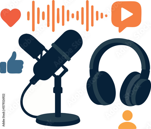 Flat vector podcast setup with mic, headphones, waveforms and social icons, creator economy trend, isolated on white