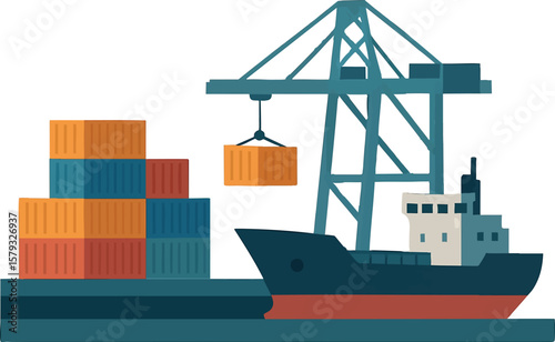 Flat vector port with cargo ship, crane and containers stacked, maritime infrastructure, isolated on white