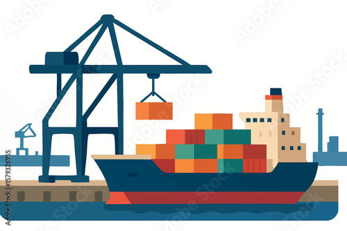 Flat vector port with cargo ship, crane and containers stacked, maritime infrastructure, isolated on white