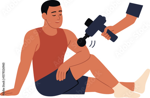 Flat vector post-workout muscle recovery massage with massage gun tool, isolated on white