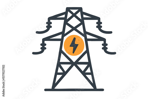 Flat vector power line tower with voltage symbol, energy infrastructure, isolated on white
