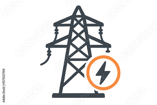 Flat vector power line tower with voltage symbol, energy infrastructure, isolated on white