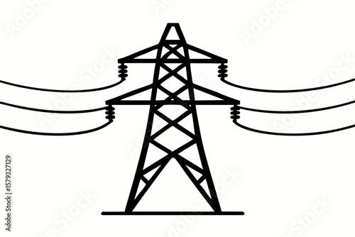 Flat vector power transmission tower with connected lines across horizon, electrical grid element, isolated on white