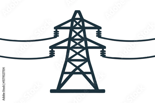 Flat vector power transmission tower with connected lines across horizon, electrical grid element, isolated on white
