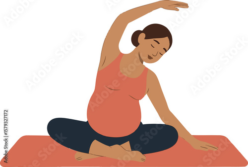 Flat vector pregnant woman doing gentle prenatal stretches on mat, isolated on white