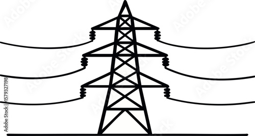 Flat vector power transmission tower with connected lines across horizon, electrical grid element, isolated on white
