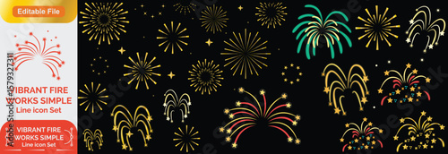 Set of golden fireworks icon. Festive fireworks with stars and sparks isolated on white background. Vibrant fireworks simple line icons