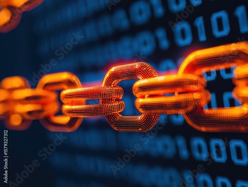 A digital representation of a glowing orange chain link against a binary code background, symbolizing blockchain technology and cybersecurity.