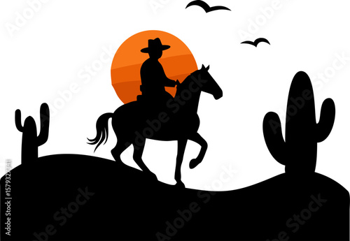 Cowboy Riding a Horse in the Desert with Orange Suns Vector Illustration