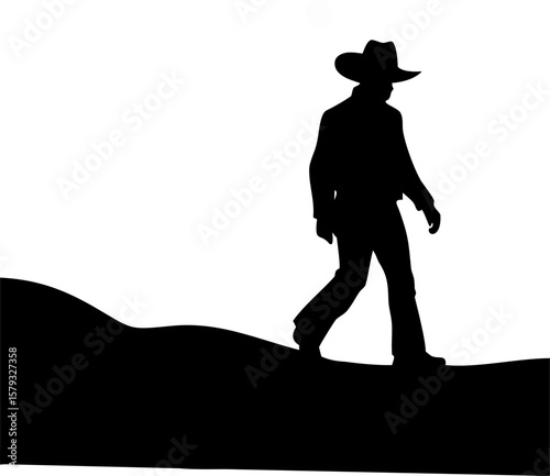 Lone Cowboy Walking in a Desolate Desert Landscape Vector Illustration