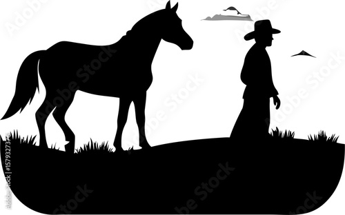 Cowboy on Horse Silhouette at Sunset in a Field Scenic Design
