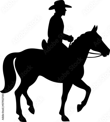 Cowboy on Horse Silhouette at Sunset with Dramatic Lighting Vector Design
