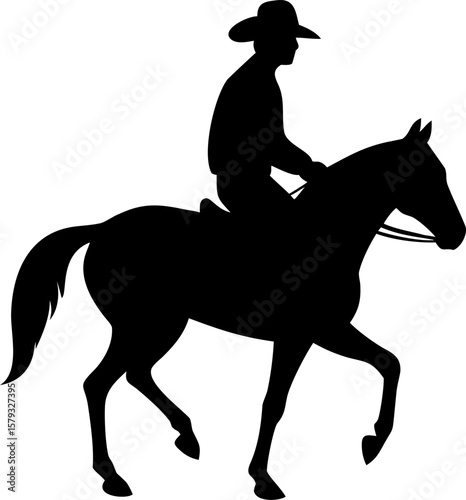 Cowboy Silhouette Riding Horses in Black and White Vector Graphic Design