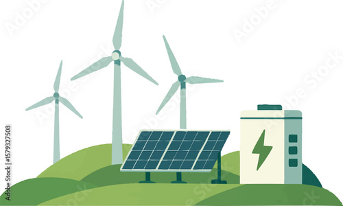 Flat vector renewable energy park with wind turbines, solar panels and battery storage, sustainable infrastructure, isolated on white