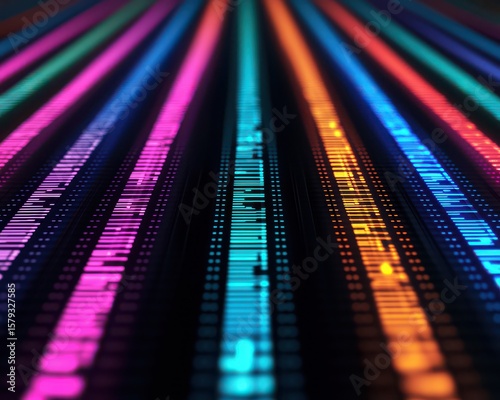 Close-up of colorful LED lights arranged in parallel lines, creating a vibrant, futuristic, and digital visual effect.