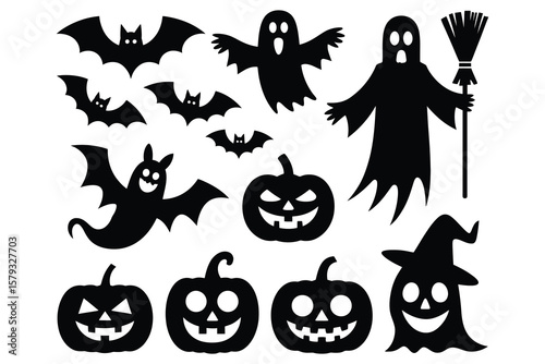 Halloween bats ghosts pumpkins witch hat broom vector