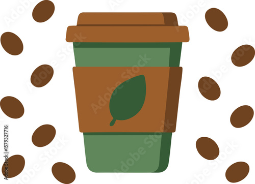 Flat vector reusable coffee cup with leaf design, surrounded by coffee beans, isolated on white