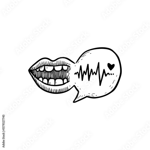 Hand drawn black and white doodle of open mouth with sound wave and heart symbol in speech bubble, representing emotional communication, empathy, voice expression and connection on transparent