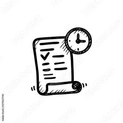 Hand drawn document with checklist and clock symbol in doodle style, representing deadline tracking, task management, or time-based orders on transparent background.