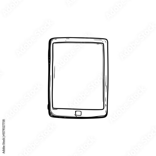 Hand drawn black outline tablet icon in vertical orientation representing digital library, e-learning, or reading device on transparent background in minimal sketch style