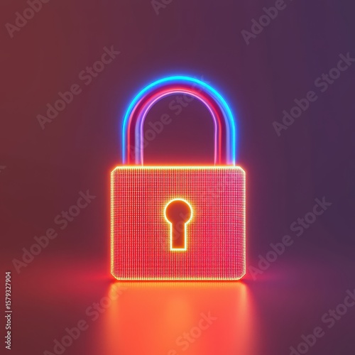 Neon glowing padlock symbolizing digital security and data protection with vibrant blue and orange colors on a dark background.
