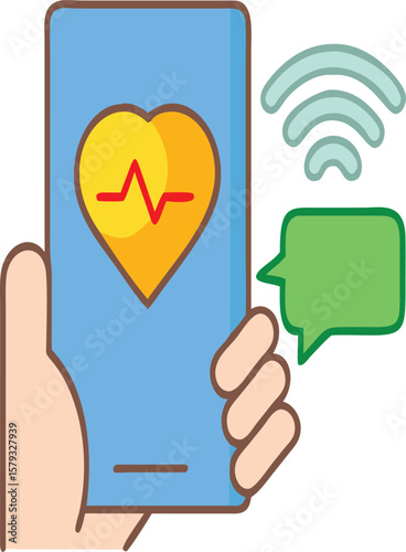 Digital Health and Fitness App Icon. Hand holding phone with heartbeat, for mHealth and telemedicine.