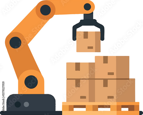 Flat vector robotic palletizer stacking boxes on skid, warehouse automation concept, isolated on white