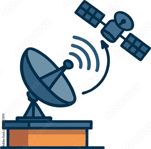 Flat vector satellite dish on rooftop transmitting signal to orbit, communication system, isolated on white