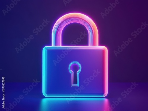 A glowing neon padlock symbolizing digital security with blue and pink hues on a dark background.