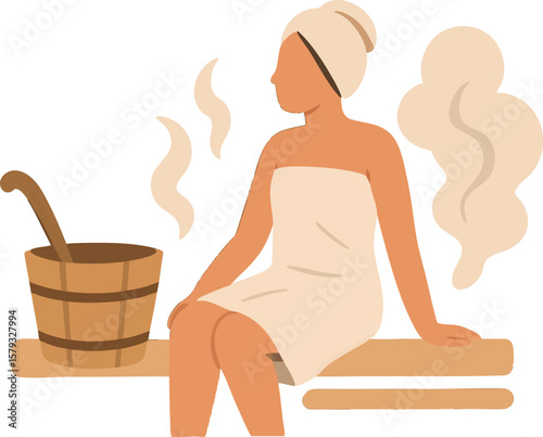 Flat vector sauna session with steam, bucket and ladle, person wrapped in towel, isolated on white