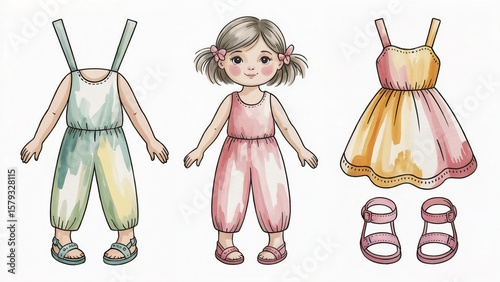 Adorable paper doll with interchangeable outfits for little girls with colorful jumpsuits and pretty dress designs
