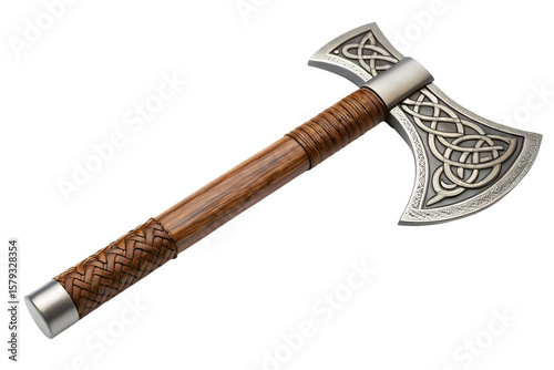 Ornate viking battle axe with intricate celtic knotwork isolated on transparent background