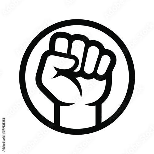 Black and white graphic of a clenched fist inside a circle representing power and resistance