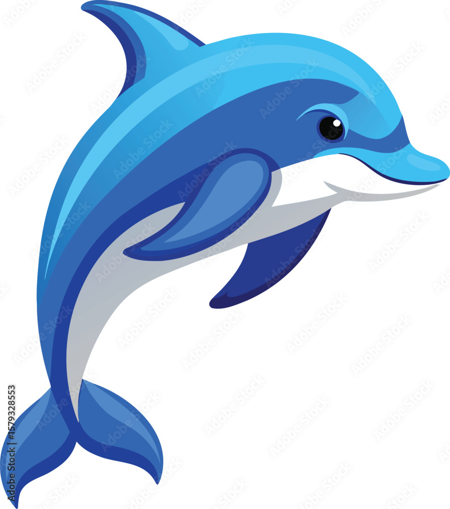 Obraz premium Adorable Cartoon Dolphin Leaping, Ocean Animal, Marine Life Illustration, Vibrant Blue, Aquatic Mammal, Happy Expression,...