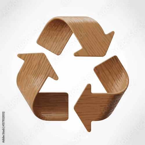 Wooden recycling symbol with a natural wood grain texture and a clean white background
