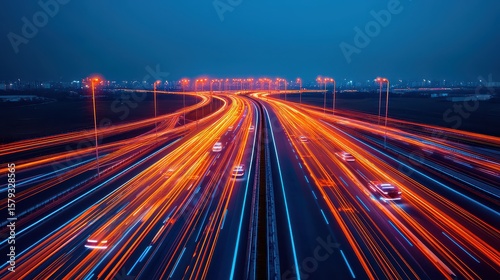 Nighttime long-exposure of a busy highway showing streaks of red and white lights from moving vehicles against a clear dark sky.