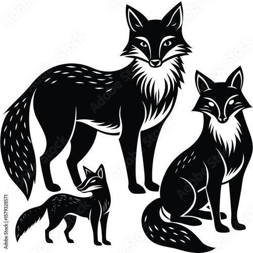 Black foxes standing and sitting stylized white animal silhoutte