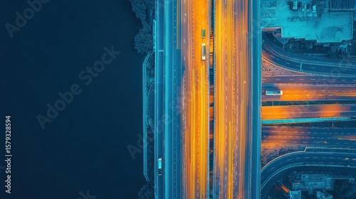 Aerial night view of a busy highway with light trails from moving vehicles, adjacent to a body of water and urban infrastructure.