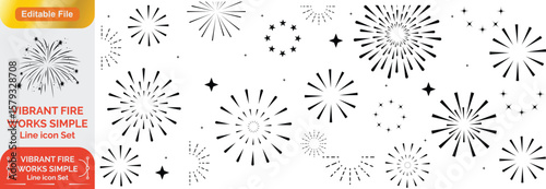 Set of golden fireworks icon. Festive fireworks with stars and sparks isolated on white background. Vibrant fireworks simple line icons