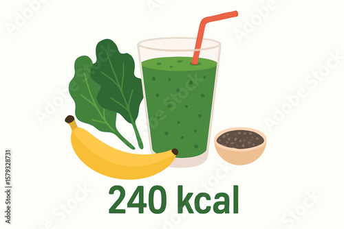 Flat vector smoothie with greens, banana, chia seeds and calorie count, isolated on white