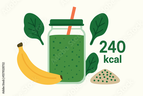 Flat vector smoothie with greens, banana, chia seeds and calorie count, isolated on white